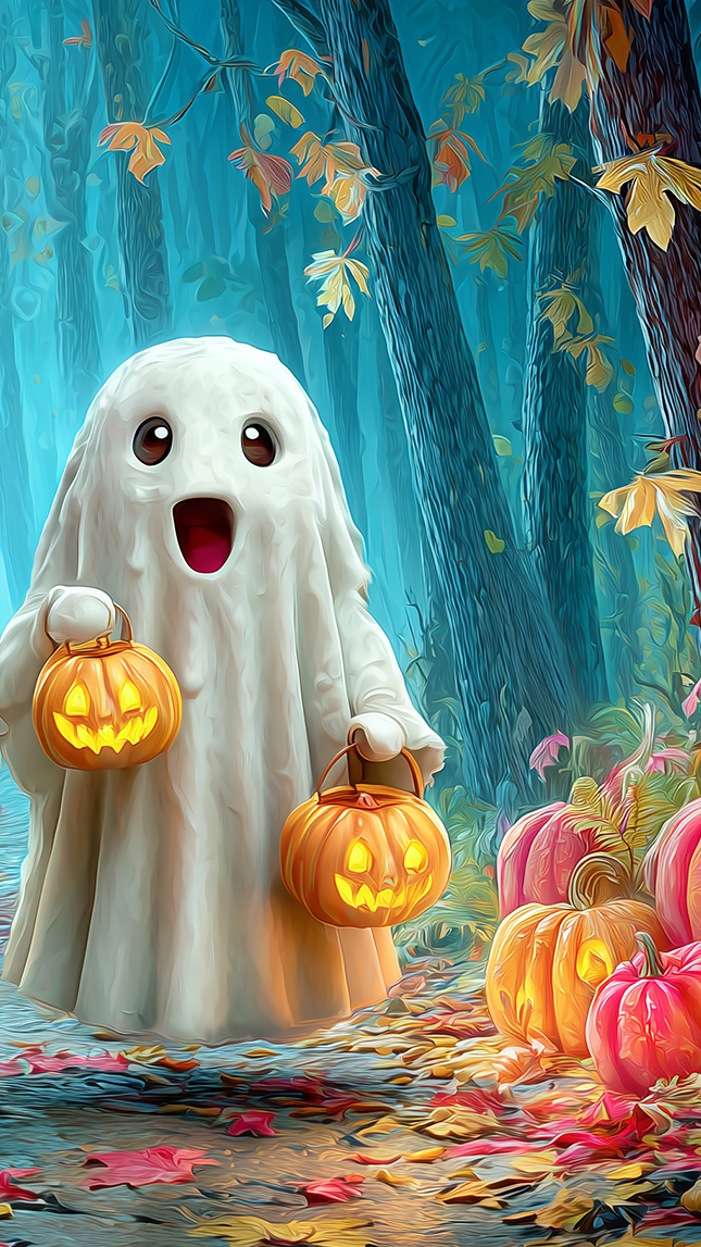 Duszek ze świecącymi dyniami w lesie