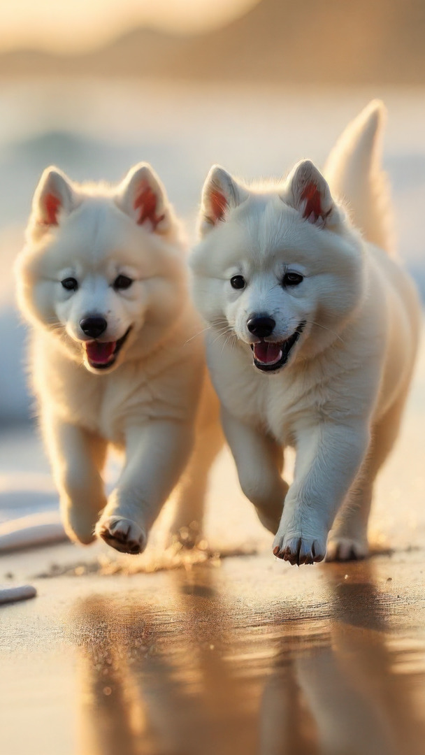 Dwa białe szczeniaki biegnące brzegiem morza