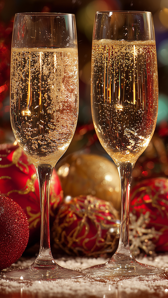 Dwa kieliszki z szampanem obok bombek