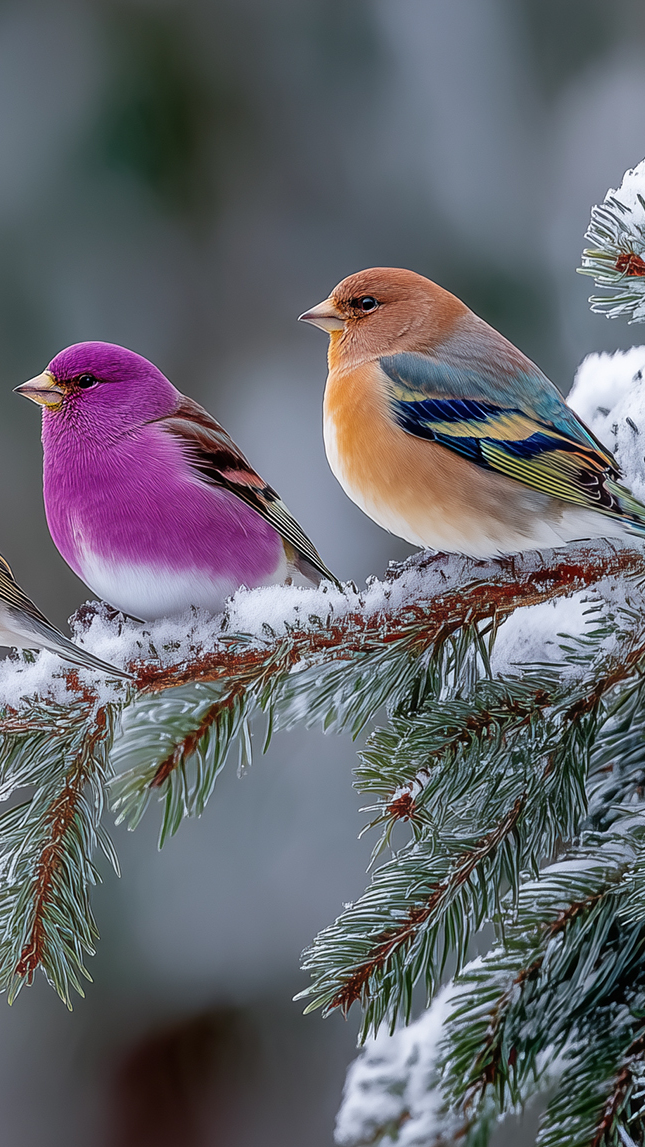 Dwa kolorowe ptaki na ośnieżonej iglastej gałązce