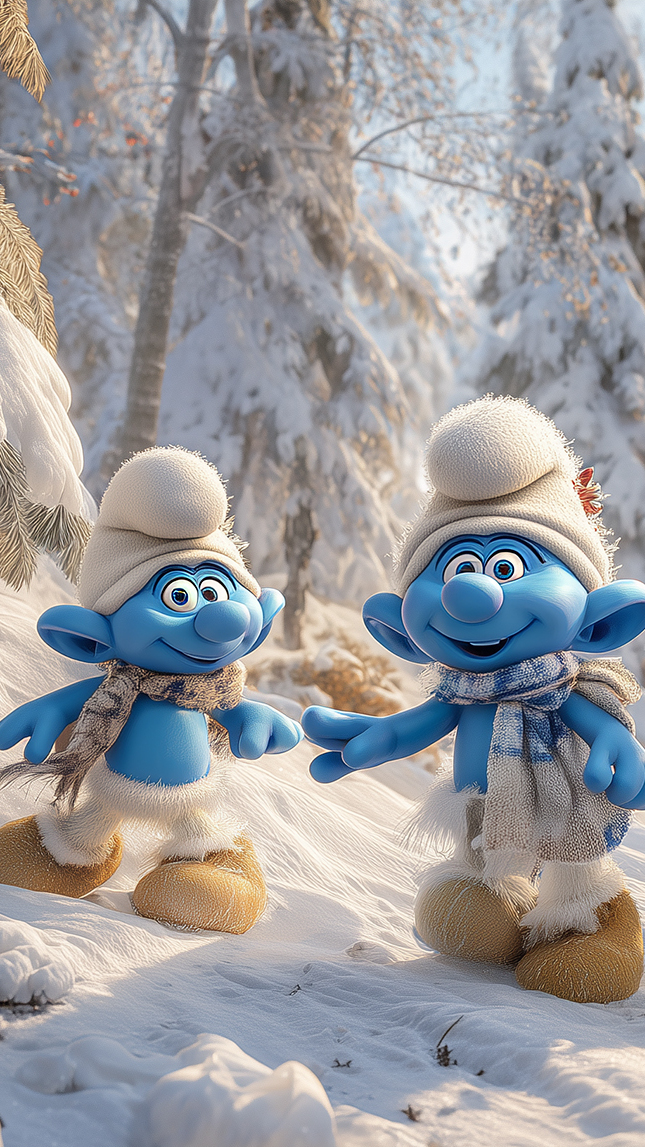 Dwa wesołe smerfy w zimowym lesie