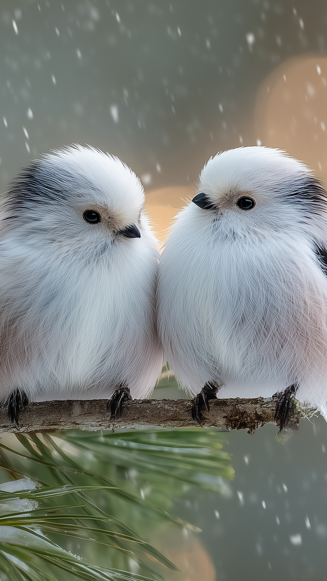 Dwie białe raniuszki na ośnieżonej iglastej gałązce