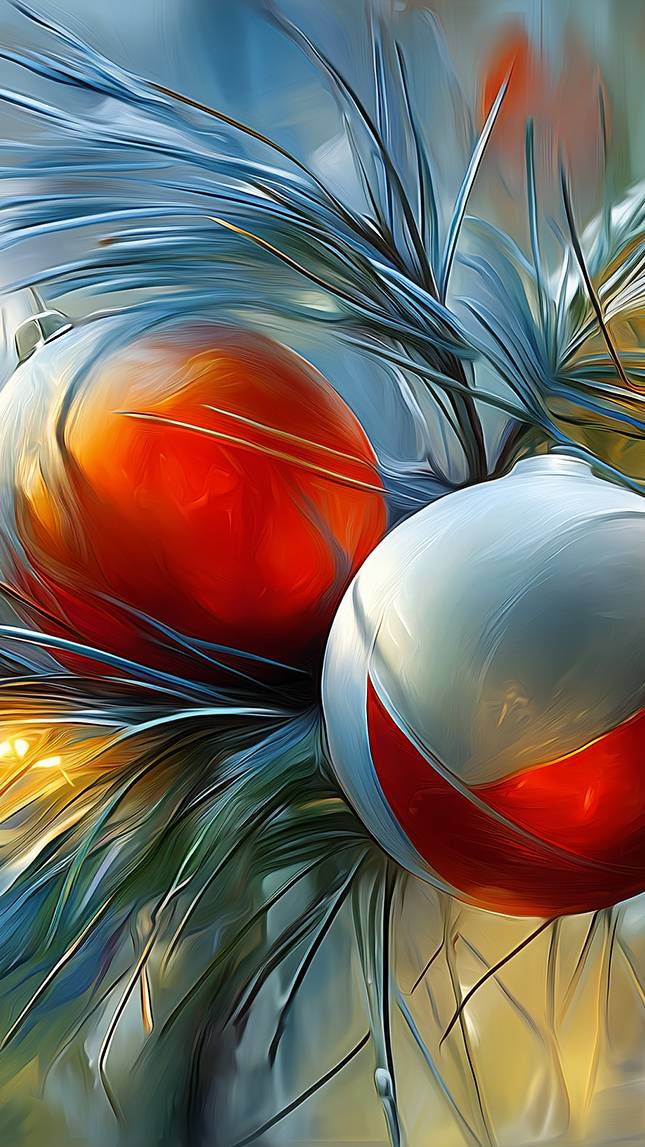 Dwie duże kolorowe bombki na iglastych gałązkach