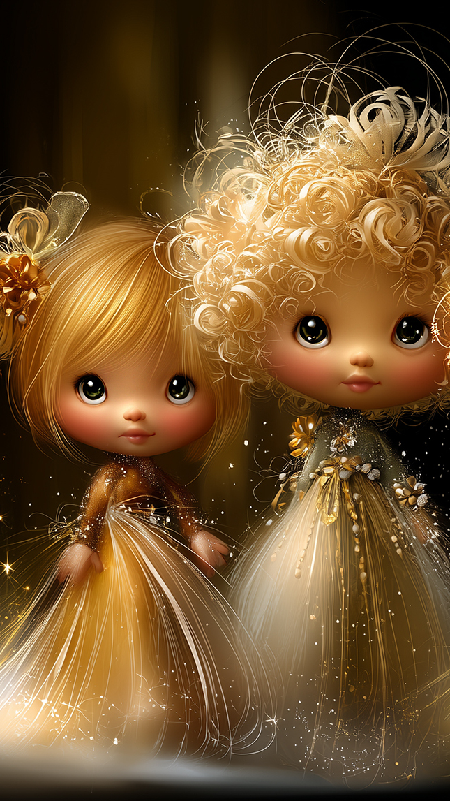 Dwie lalki z kręconymi włosami w długich sukienkach