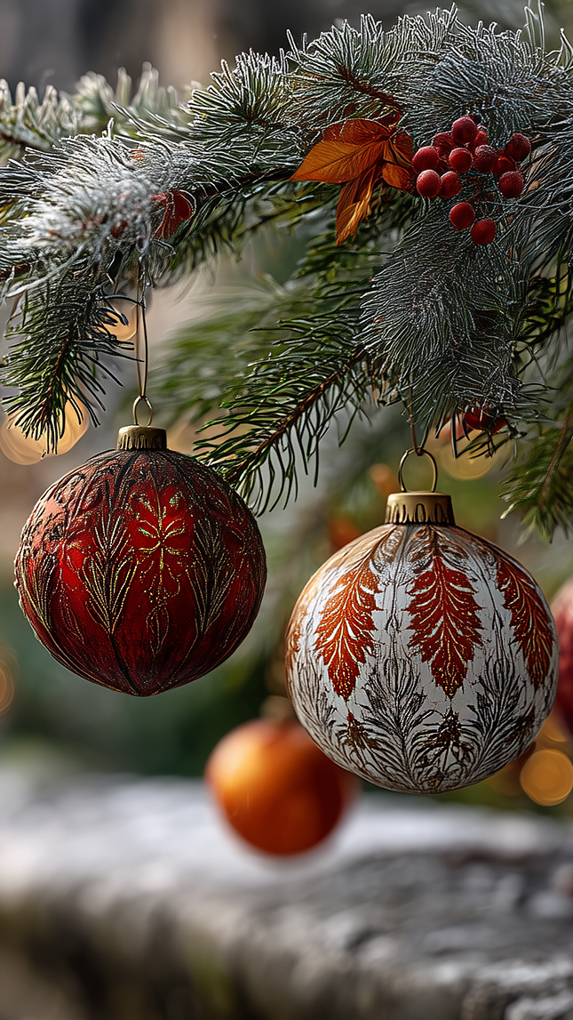 Dwie ozdobne bombki zawieszone na gałązkach choinki