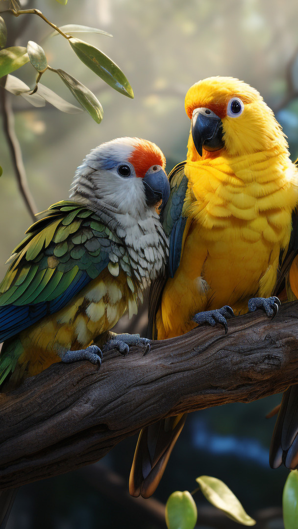 Dwie papugi konury na gałęzi