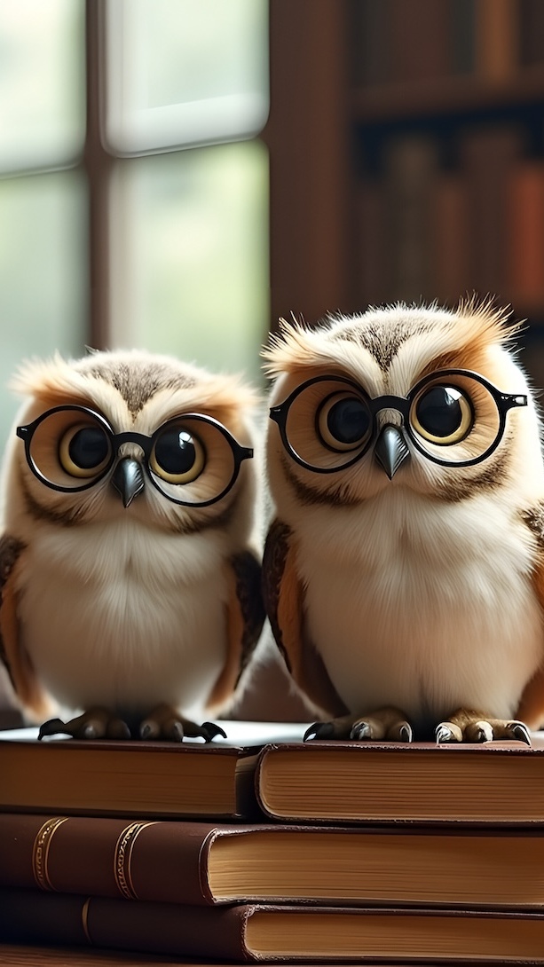 Dwie sowy w okularach na książkach