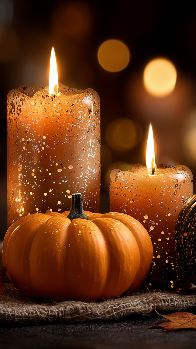 Dwie zapalone świece obok dyni