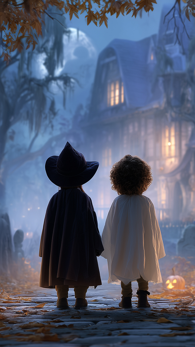 Dwoje dzieci przed oświetlonym domem o zmroku