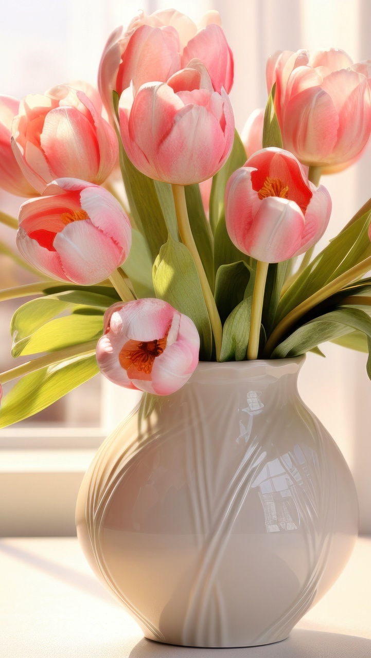 Dwukolorowe tulipany w ceramicznym wazonie