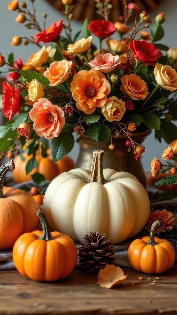 Dynie obok bukietu kwiatów w wazonie na stole