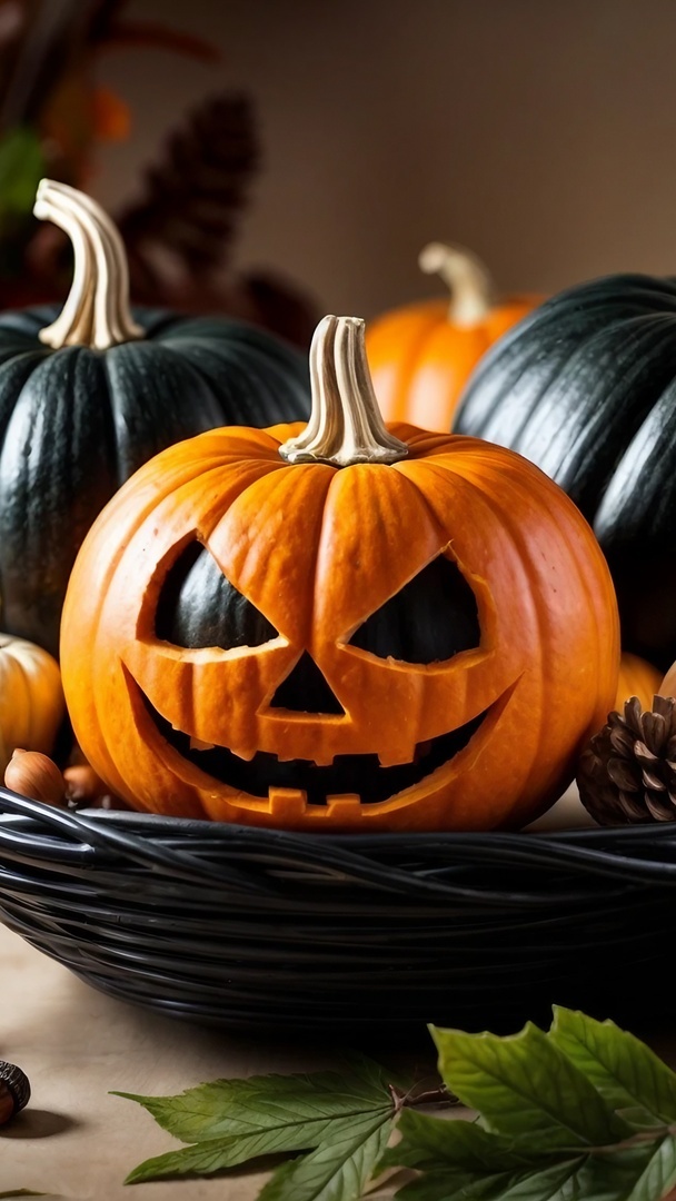 Dynie w wiklinowym koszyku na stole