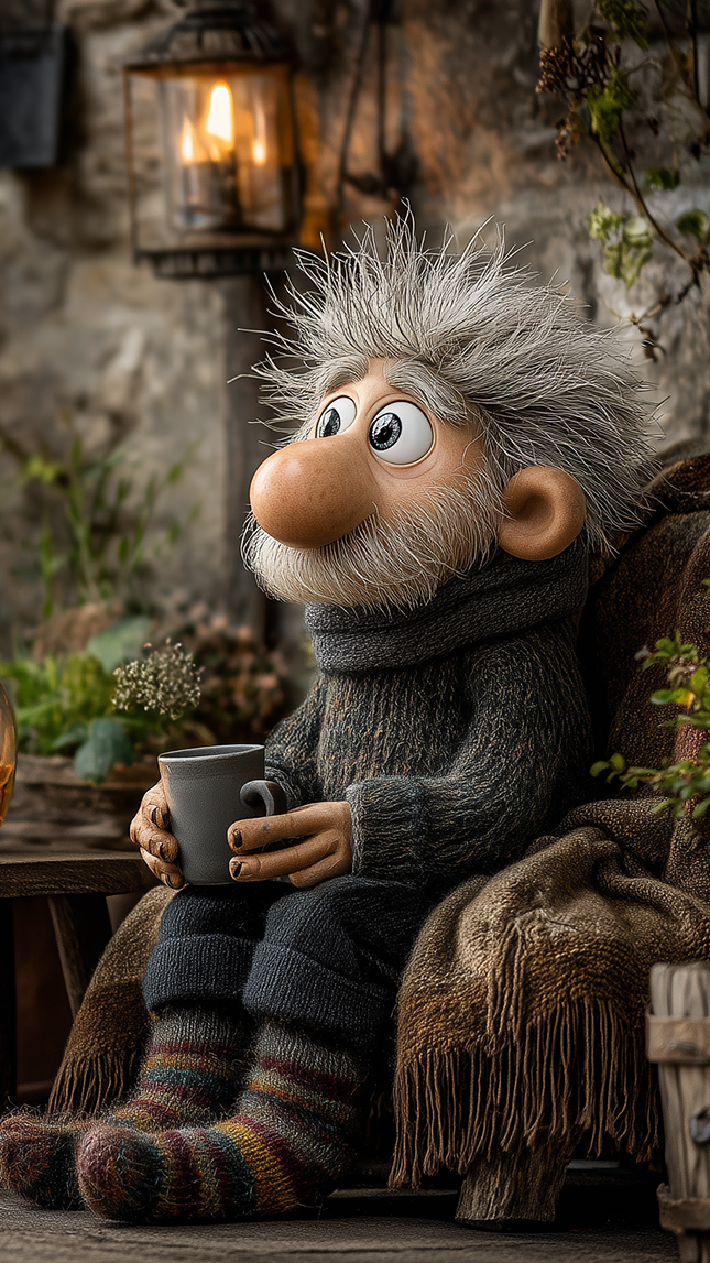 Dziadek w wełnianym swetrze i skarpetach z kubkiem siedzący w fotelu