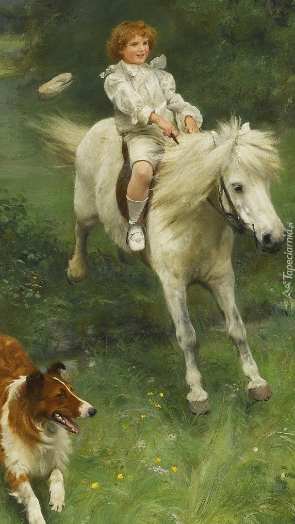 Dziecko na koniu obok psa