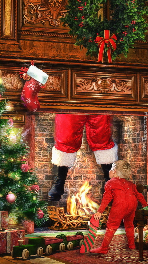 Dziecko podglądające Mikołaja w kominku