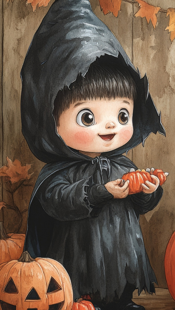 Dziecko w czarnym ubranku obok dyni na Halloween