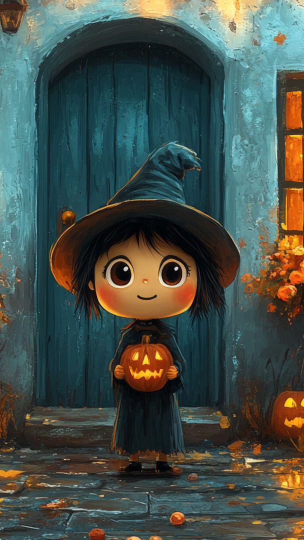 Dziecko w kapeluszu ze świecącą dynią przed drzwiami domu