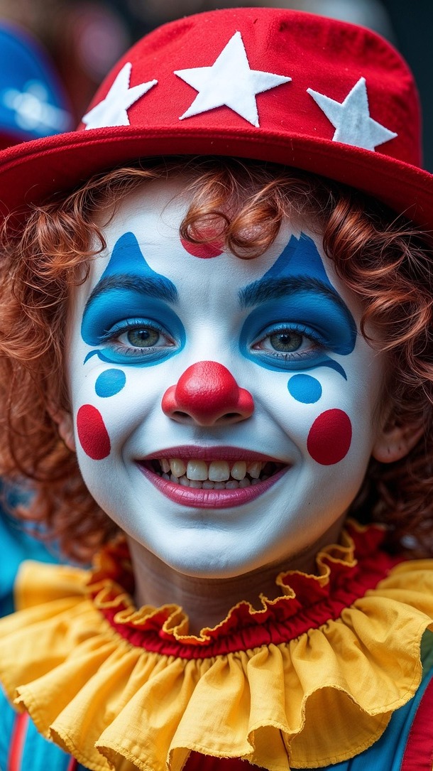 Dziecko z pomalowaną twarzą w stroju klauna