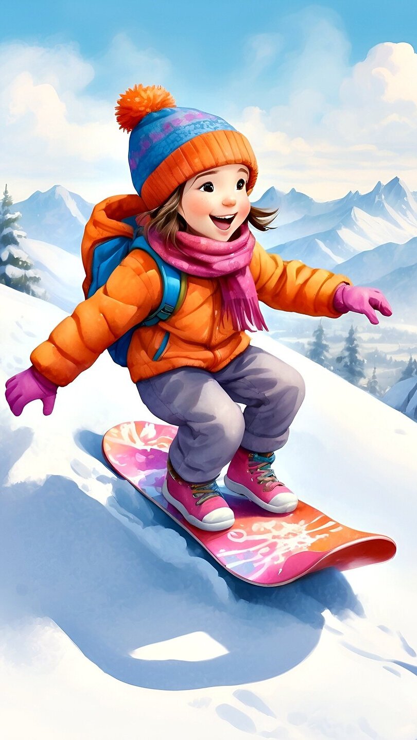 Dziecko zjeżdżające na desce snowboardowej z ośnieżonego stoku