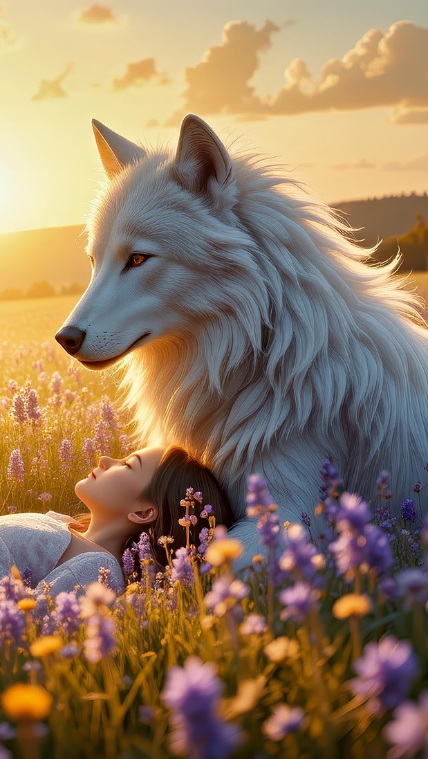Dziewczyna leżąca obok białego wilka na łące