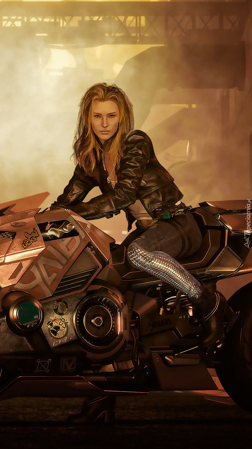 Dziewczyna na motocyklu z gry Cyberpunk 2077