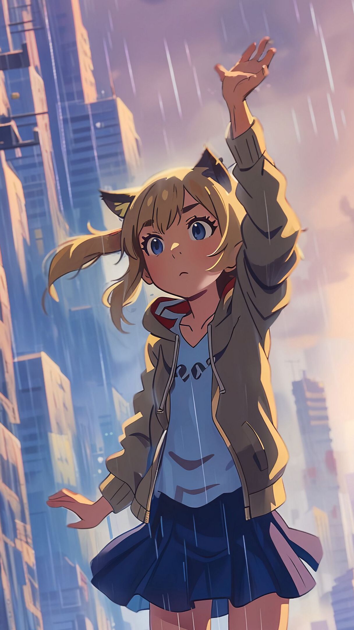 Dziewczyna na tle wieżowców w anime