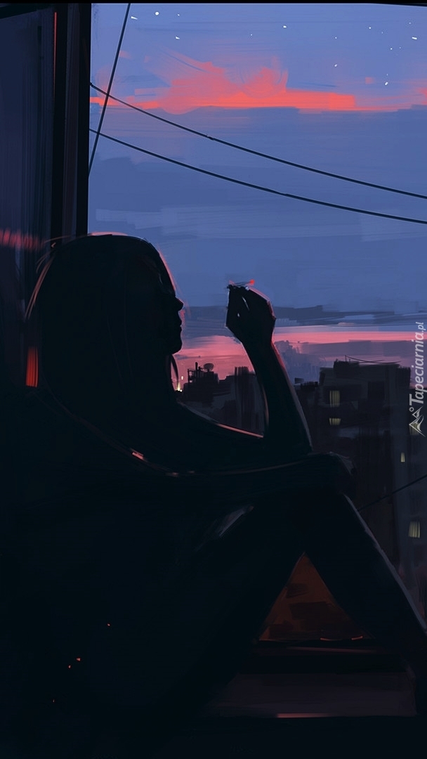 Dziewczyna paląca papierosa przy oknie