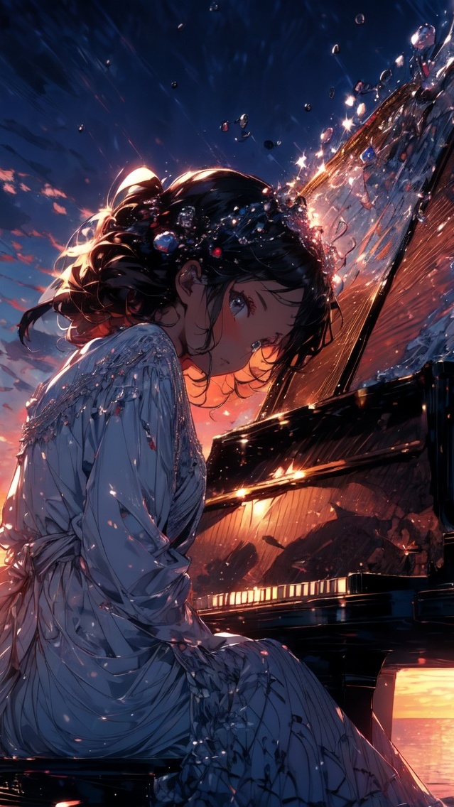 Dziewczyna przy fortepianie w grafice anime