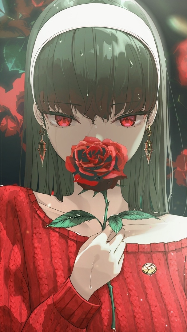 Dziewczyna w czerwonym swetrze z różą w anime