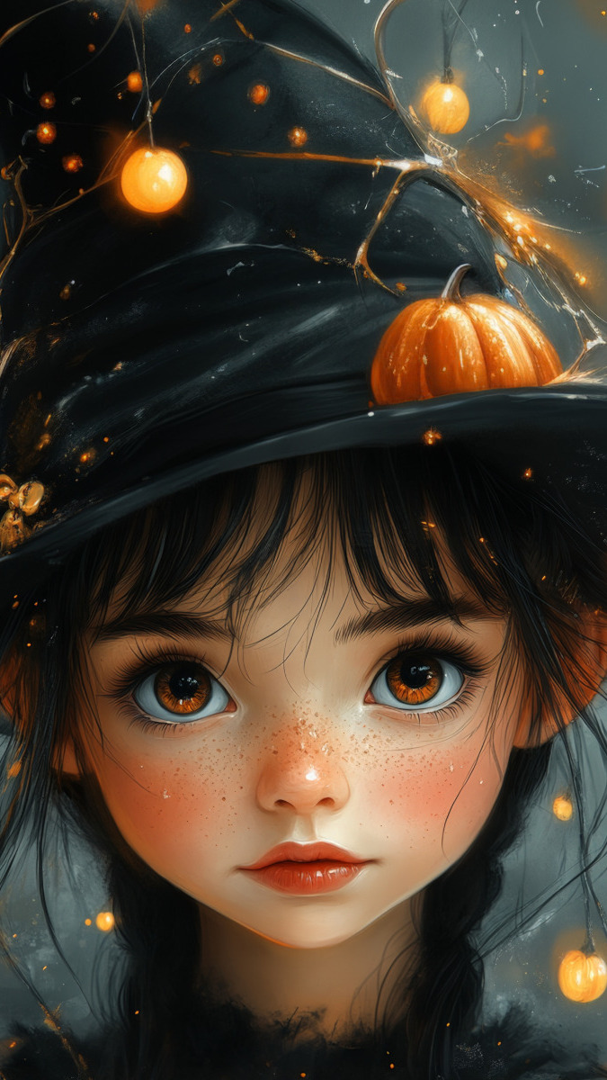 Dziewczyna w kapeluszu na Halloween z dekoracjami