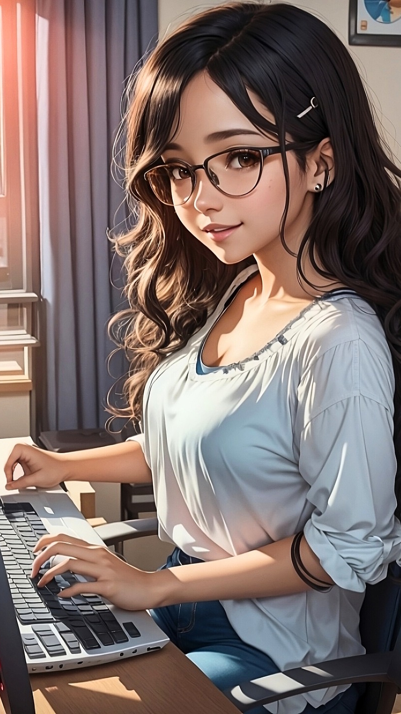 Dziewczyna w okularach przy komputerze - Tapeta na telefon