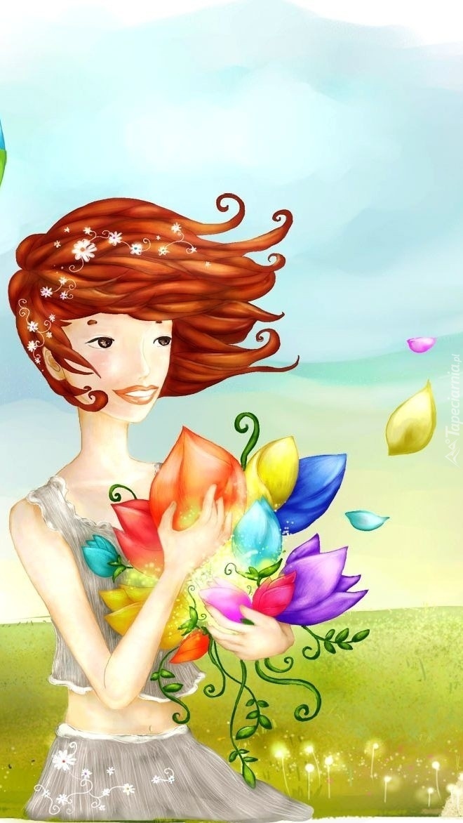 Dziewczyna z kwiatami na wietrze