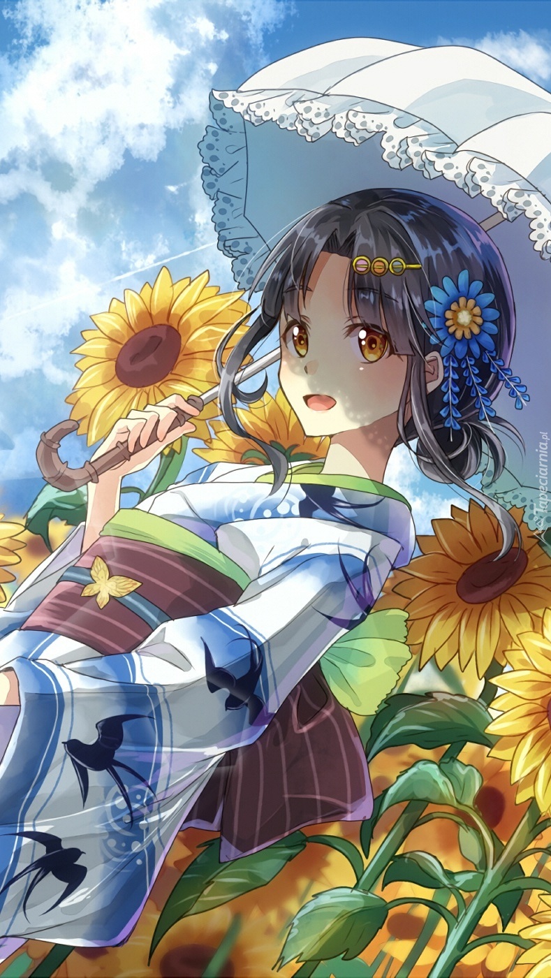 Dziewczyna z parasolką wśród słoneczników