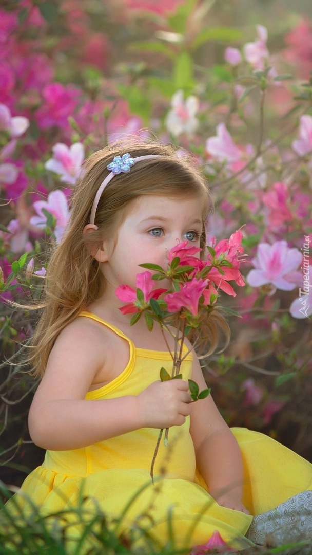 Dziewczyneczka w żółtej sukience wąchająca kwiat różanecznika