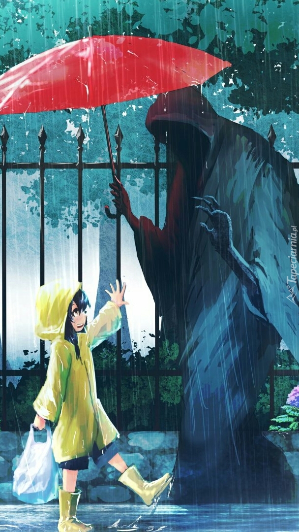 Dziewczynka obok demona z parasolem