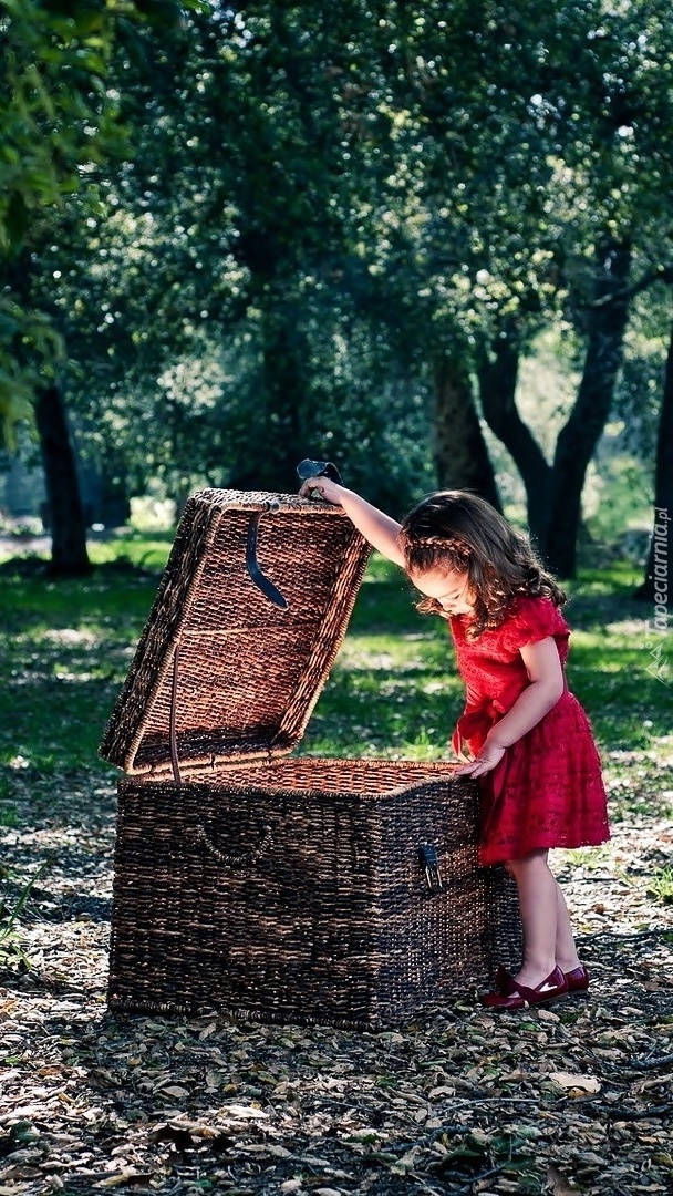 Dziewczynka przy otwartym kufrze w lesie