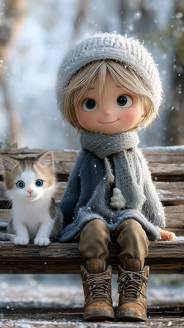 Dziewczynka w czapce i szaliku siedząca z kotem na ośnieżonej ławce