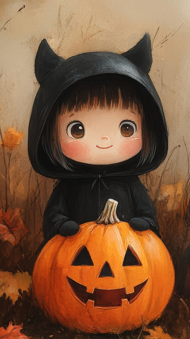 Dziewczynka w stroju na Halloween z dynią