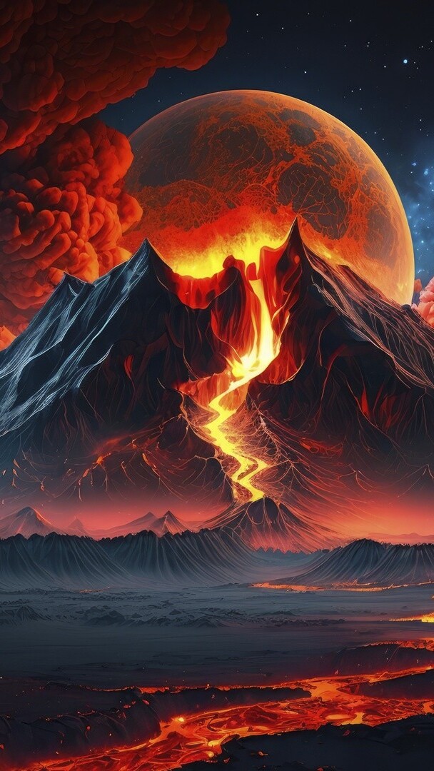 Erupcja wulkanu nocą na tle księżyca