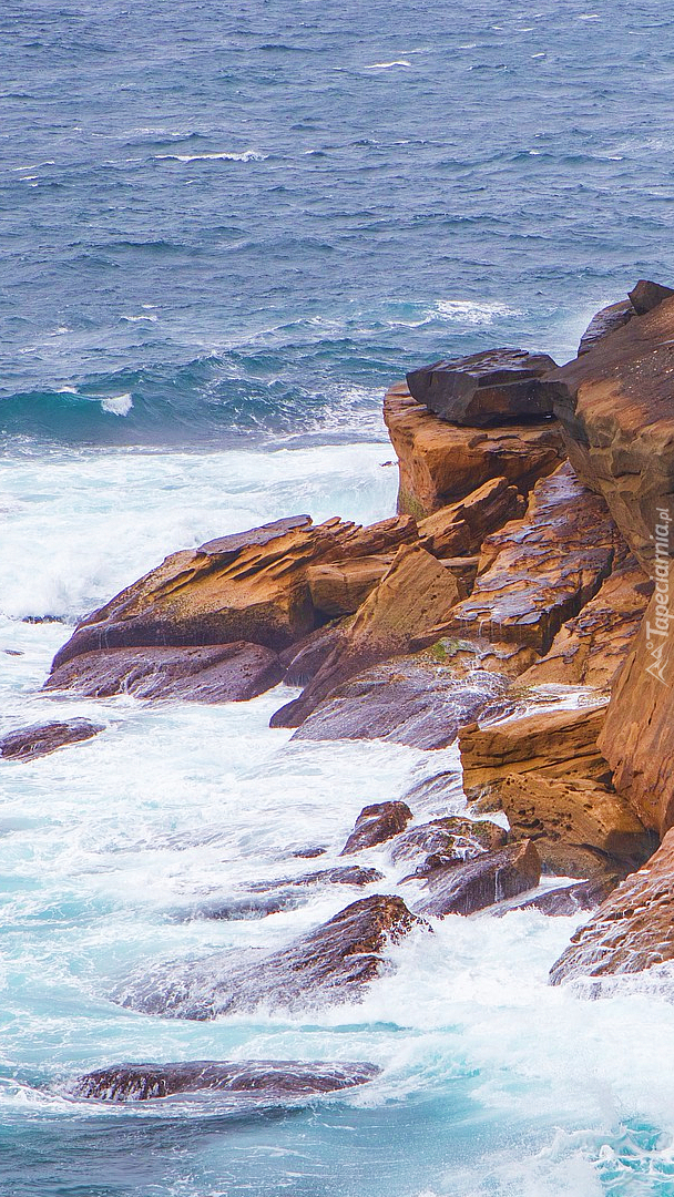 Fale uderzające o skały na morskim brzegu