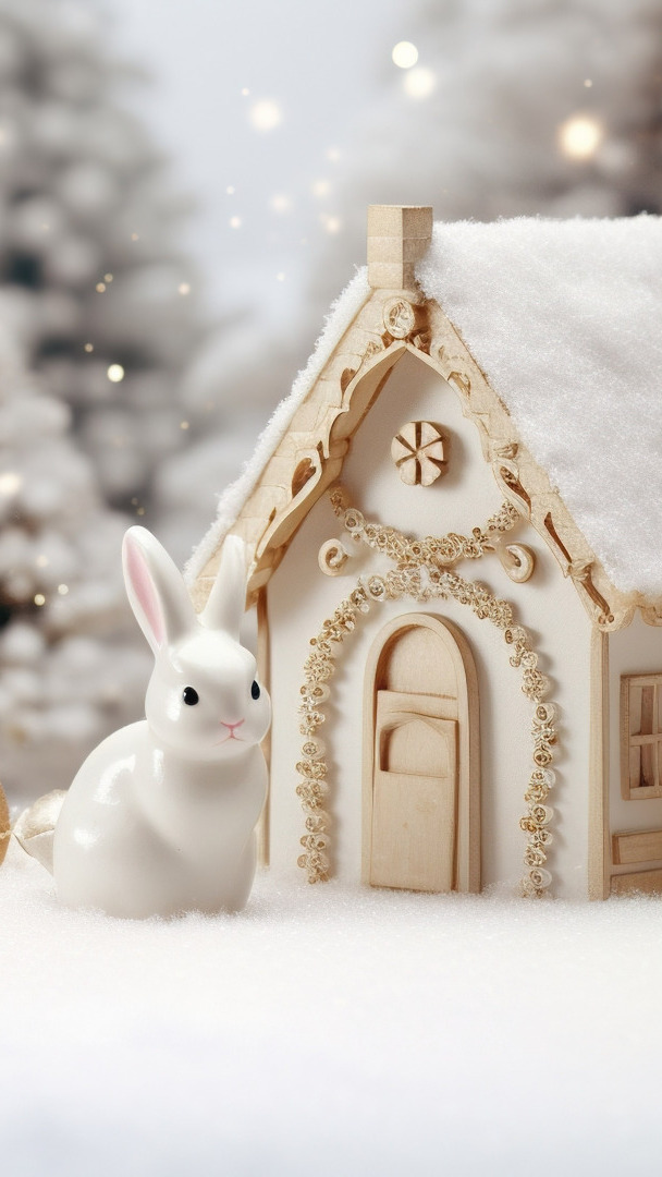 Figurka zająca obok domku na śniegu