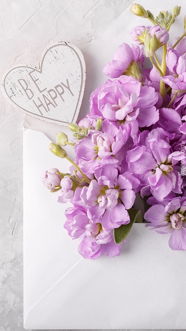Fioletowe kwiaty z sercem w kopercie