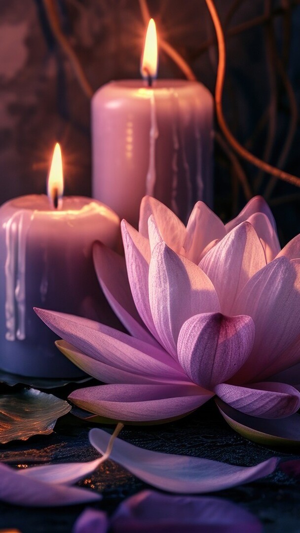 Fioletowy kwiat lilii wodnej obok dwóch zapalonych świec