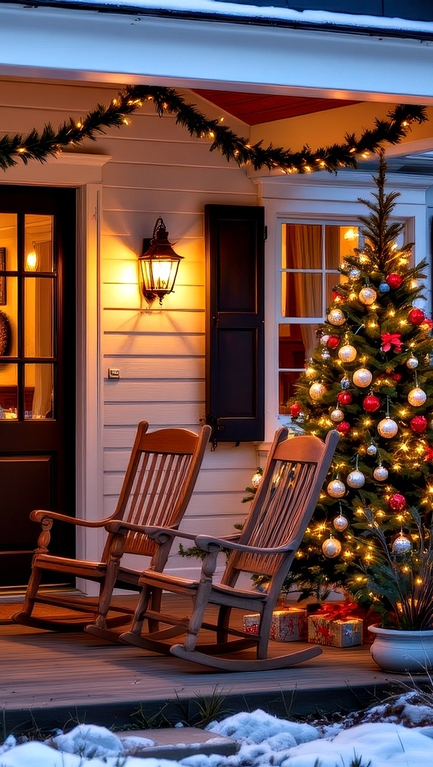 Fotele na biegunach obok udekorowanej choinki na tarasie