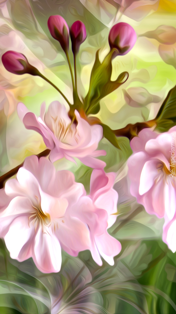 Gałązki z różowymi kwiatkami i pąkami