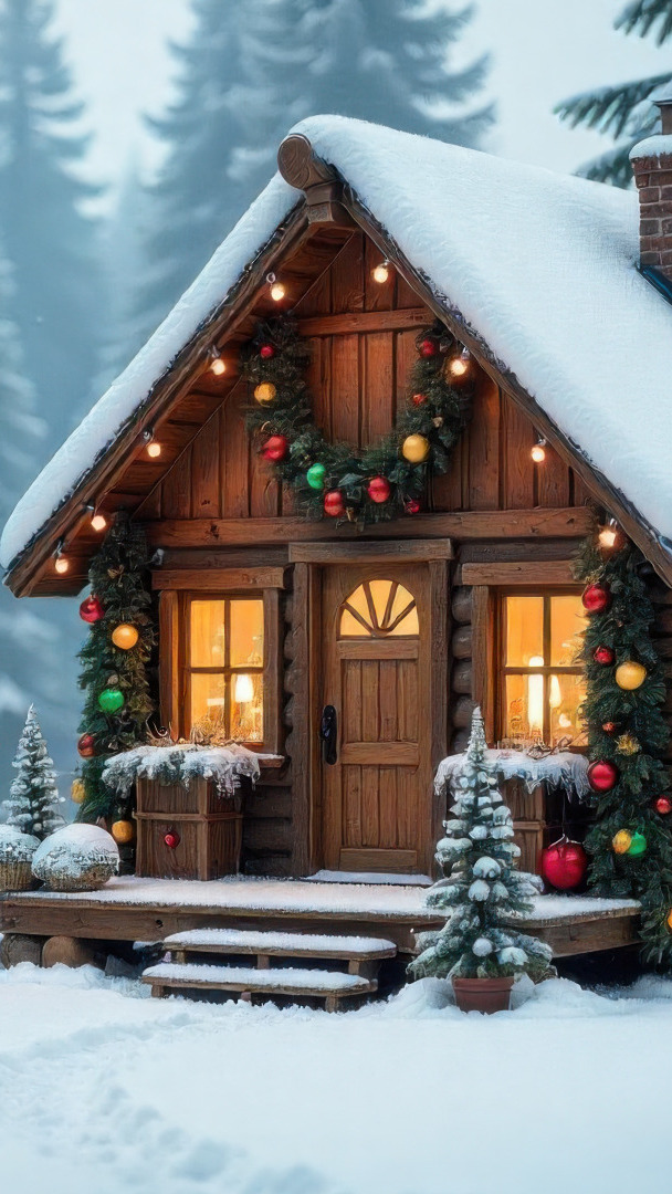 Girlandy z bombkami na ośnieżonym domu w zimowym lesie