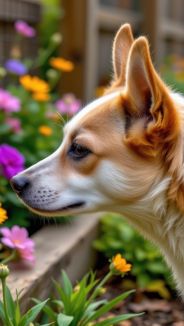 Głowa biało-beżowego psa obok kwiatów