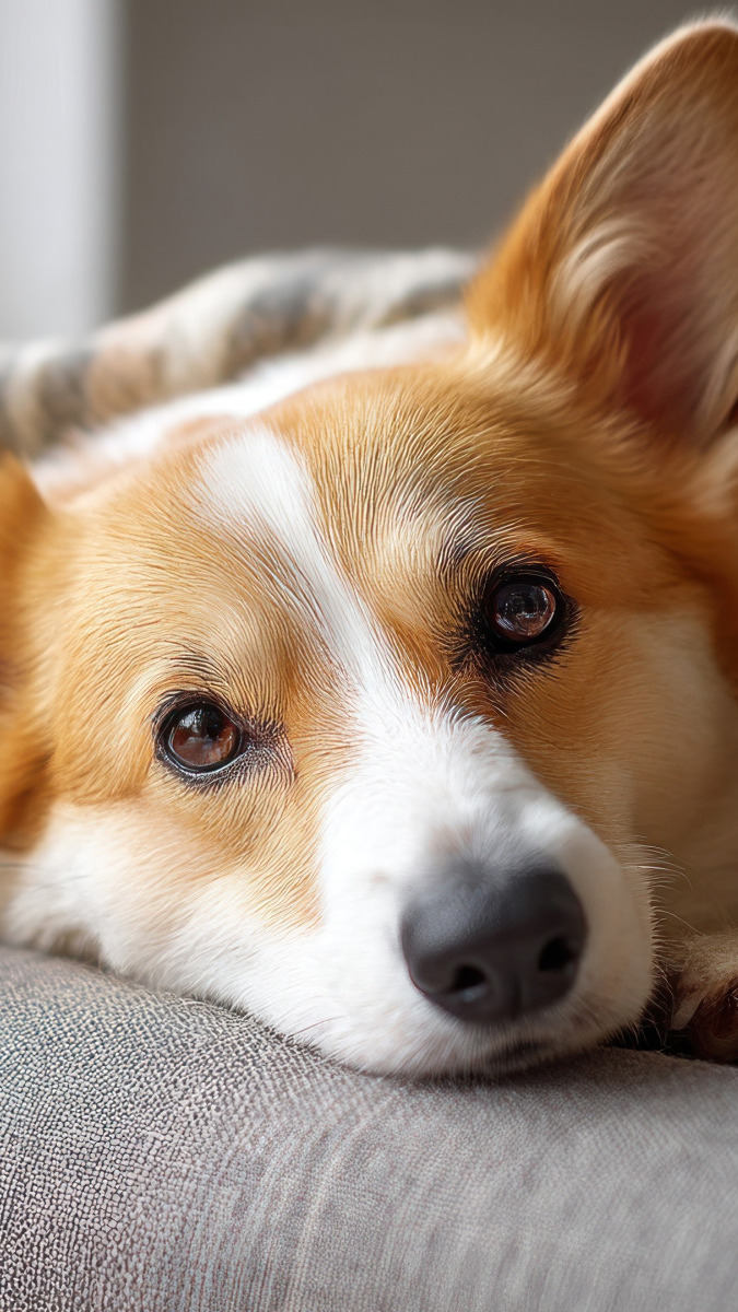Głowa leżącego welsh corgi pembroke