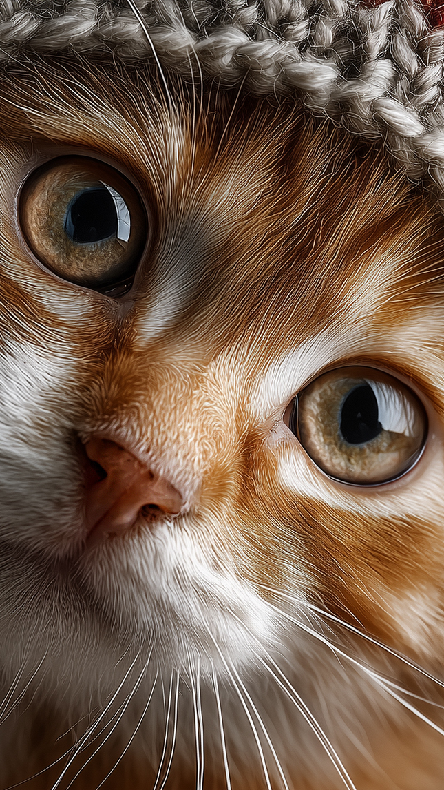 Głowa rudego kotka w czapce