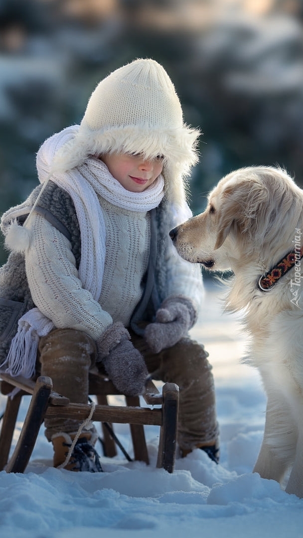 Golden retriever i chłopiec na sankach